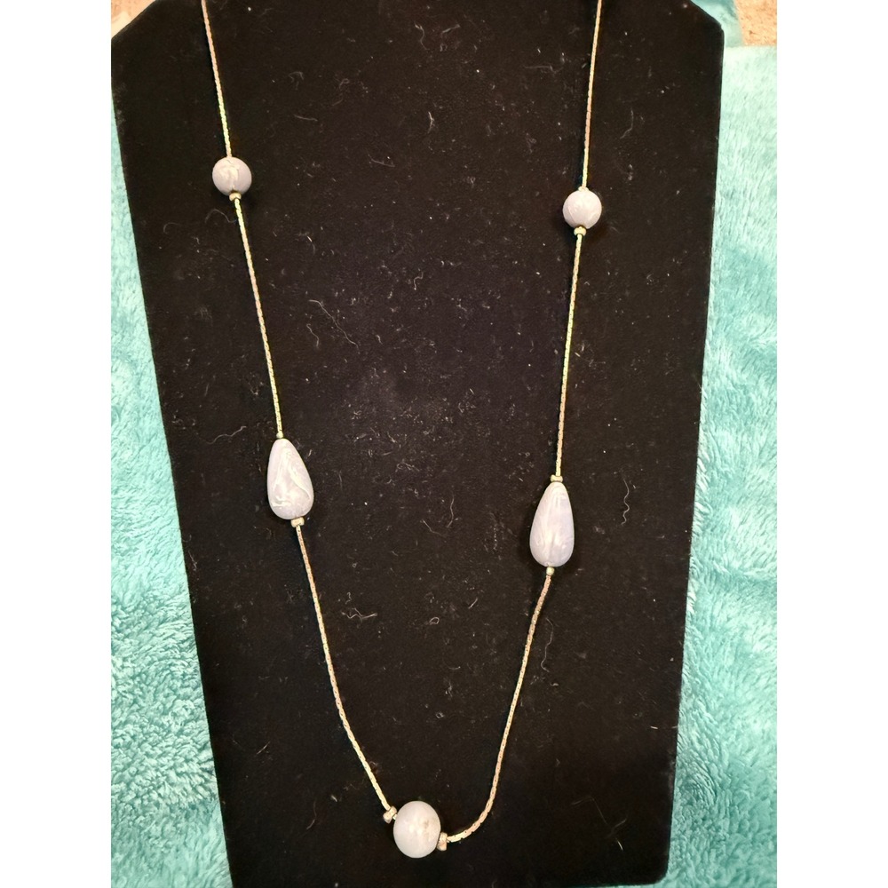Long Gold‎ Tone Box Chain Station Necklace Marbled Light Blue Teardrop Beads 41"